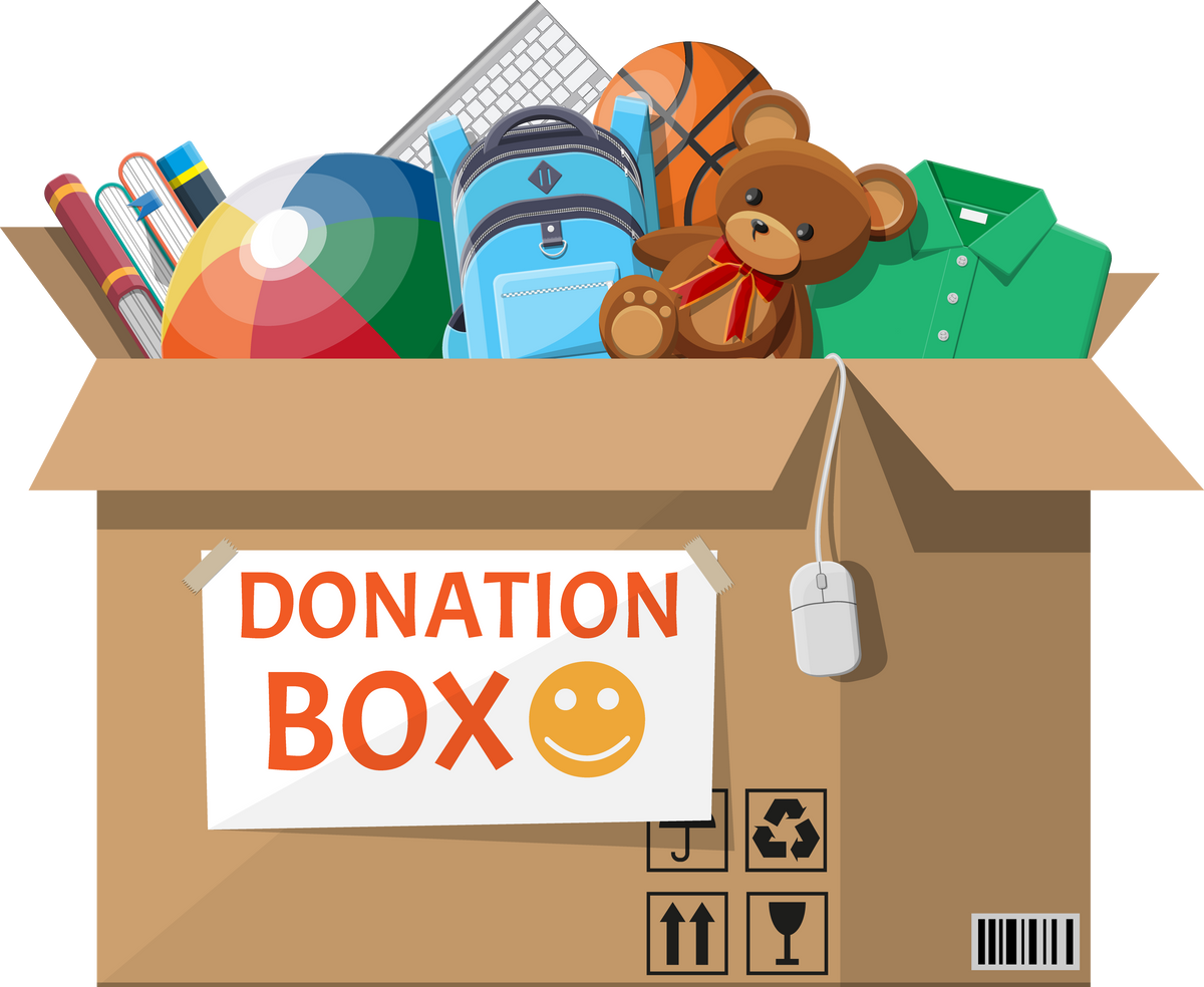 Donation Box Full of Toys, Books, Clothes, Devices